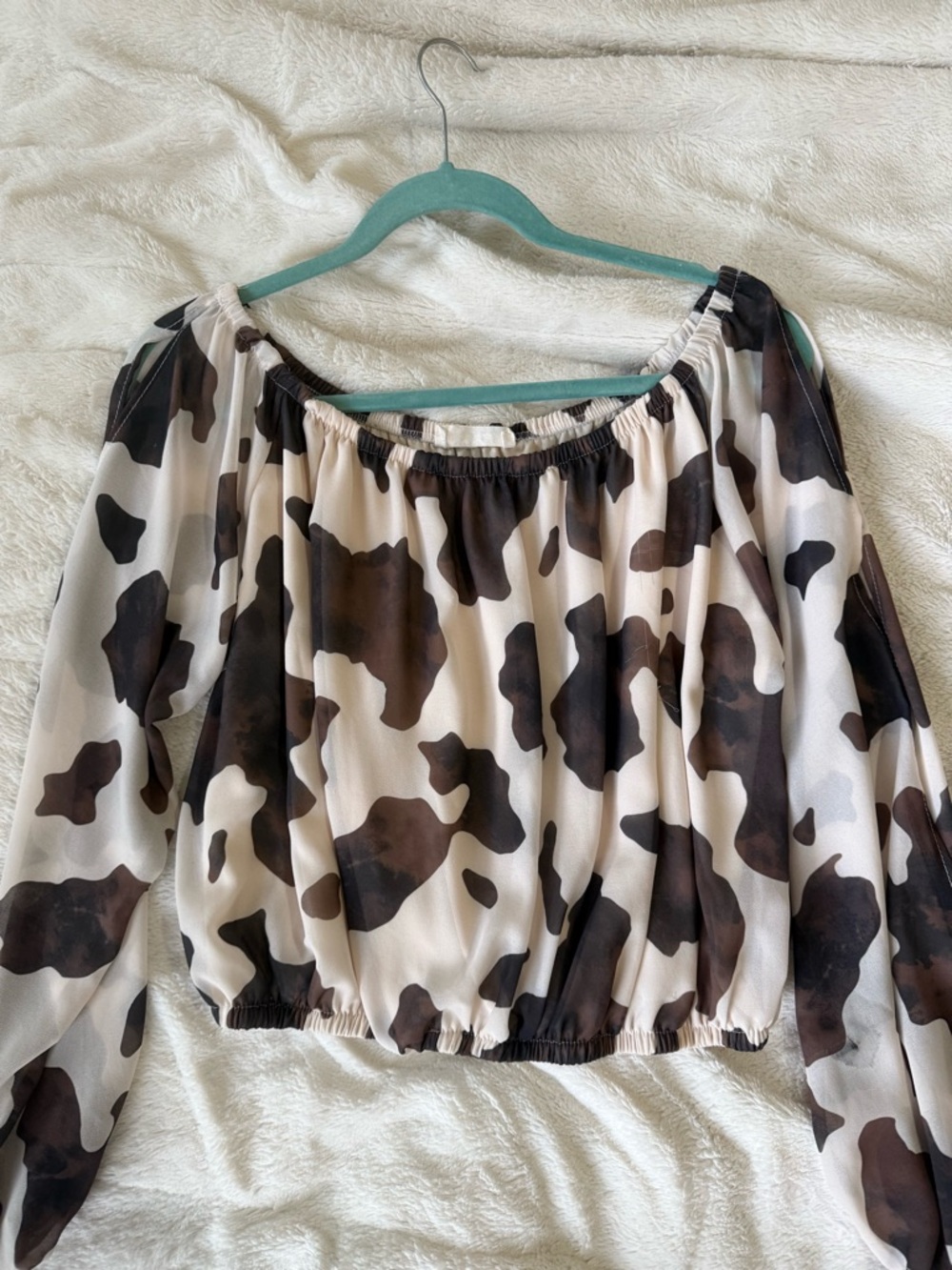Cow-Print Off-Shoulder Blouse in Brown and Cream